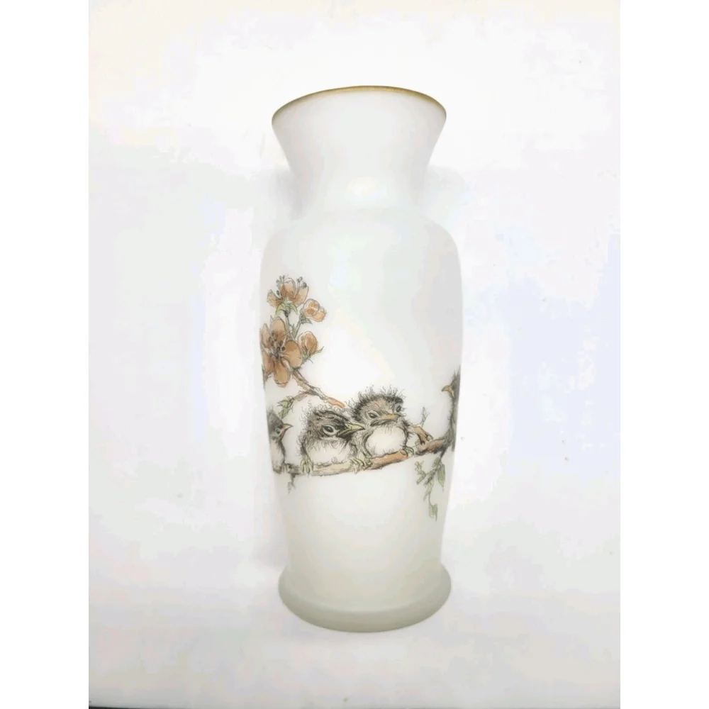 Vintage Enesco Satin or Frosted bud Vase with Baby Birds